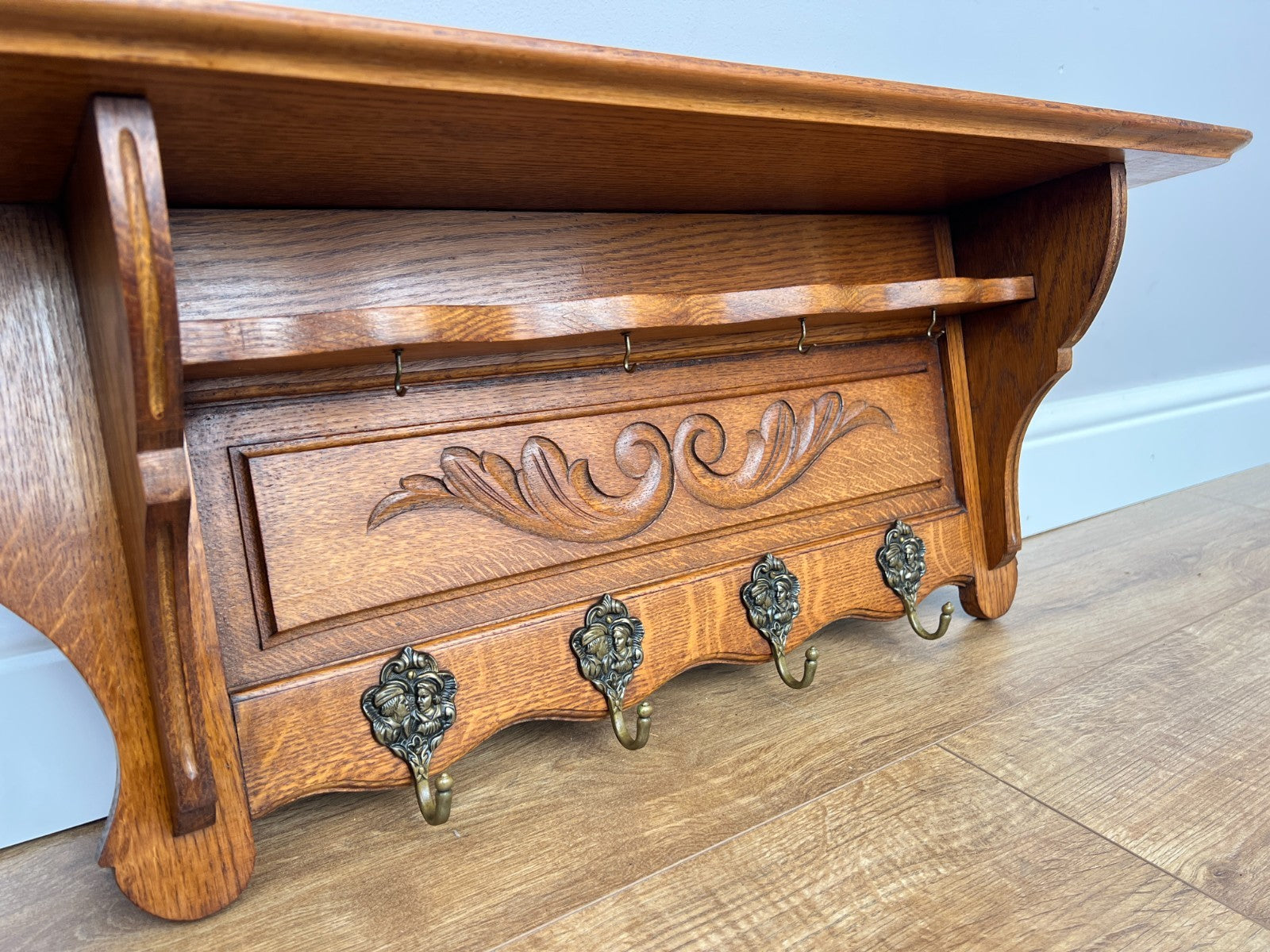 French Vintage Coat Rack Oak 4 Hooks Wall Shelf Carved Coat Hanger LOT 49078