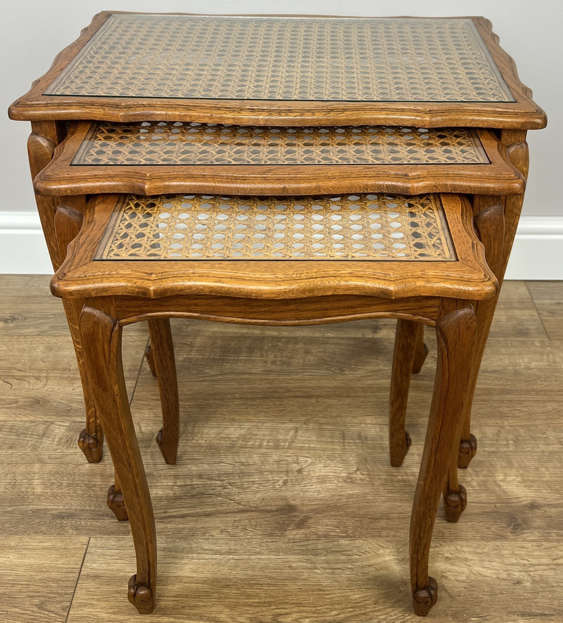 Nested Tables Vintage French Louis XIV Oak Set of Three Cane Glass Top LOT 48690