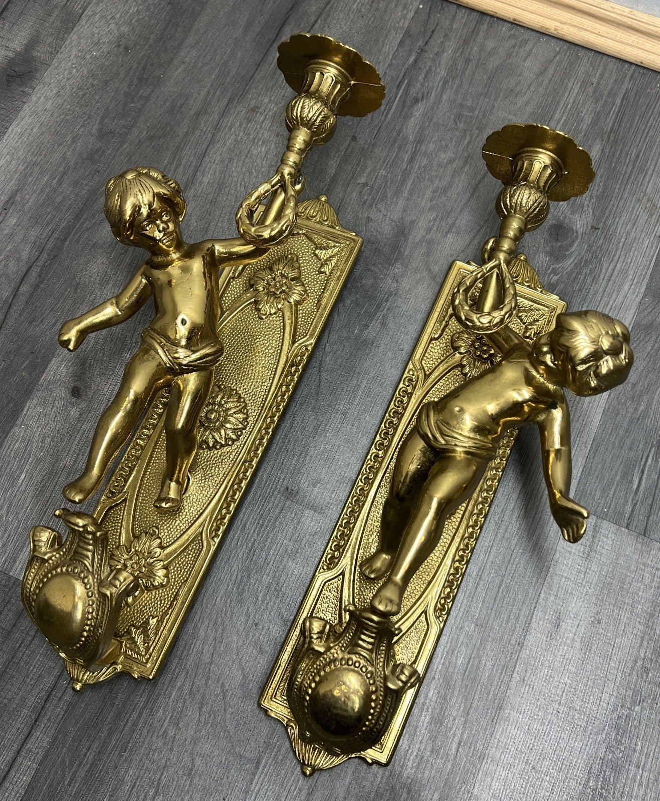 Wall Candle Holder Vintage French Style Sconce Pair Brass Cherub LOT 466511