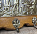French Vintage Coat Rack Oak 7 Hooks Wall Shelf Brass Panel Coat Hanger LOT 49599