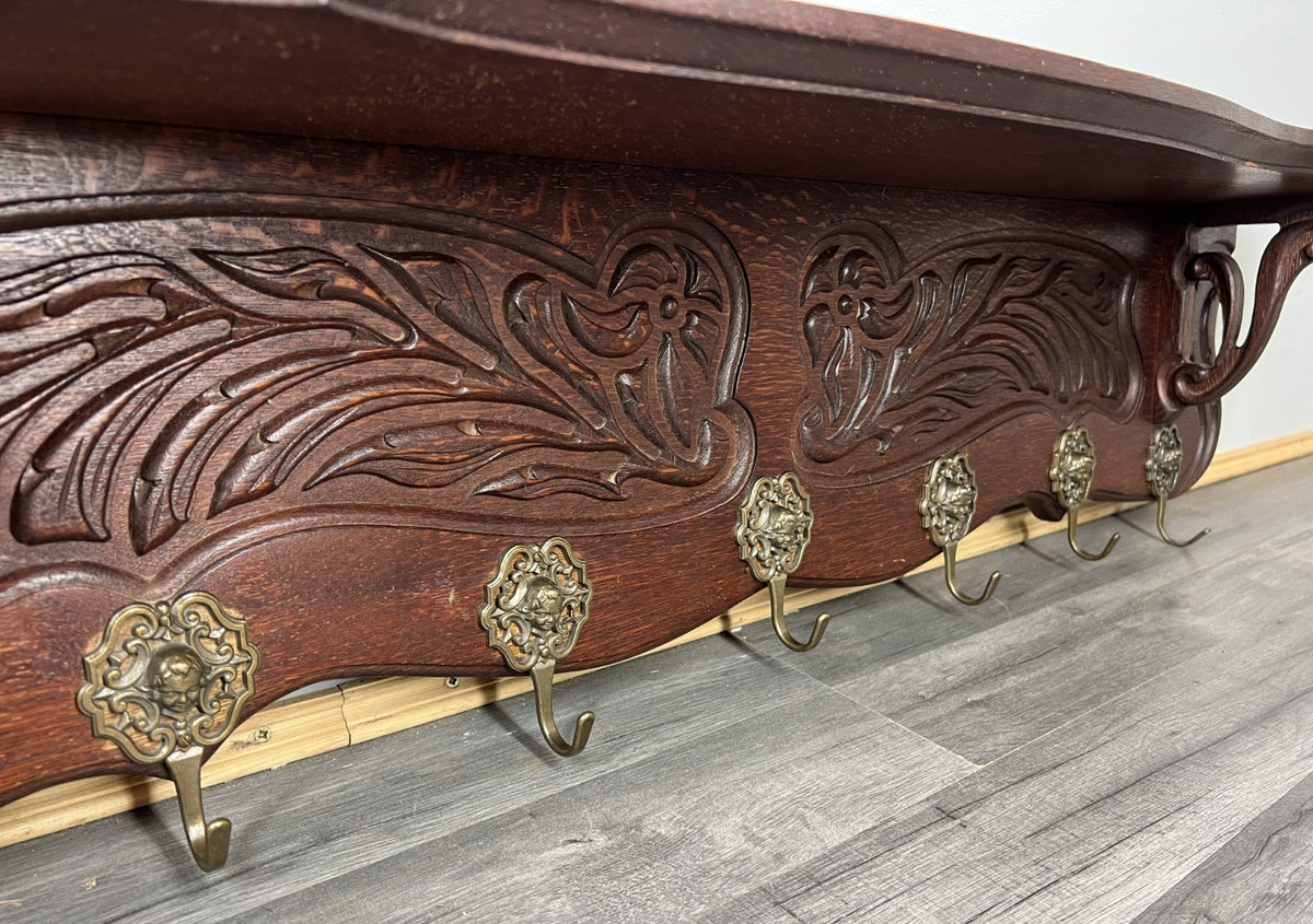French Vintage Coat Rack Oak 7 Hooks Ornate Wall Shelf Carved Coat LOT 3885
