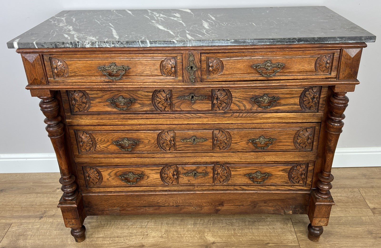Chest of Drawers Antique French Style Marble Top Walnut Cabinet LOT 60776