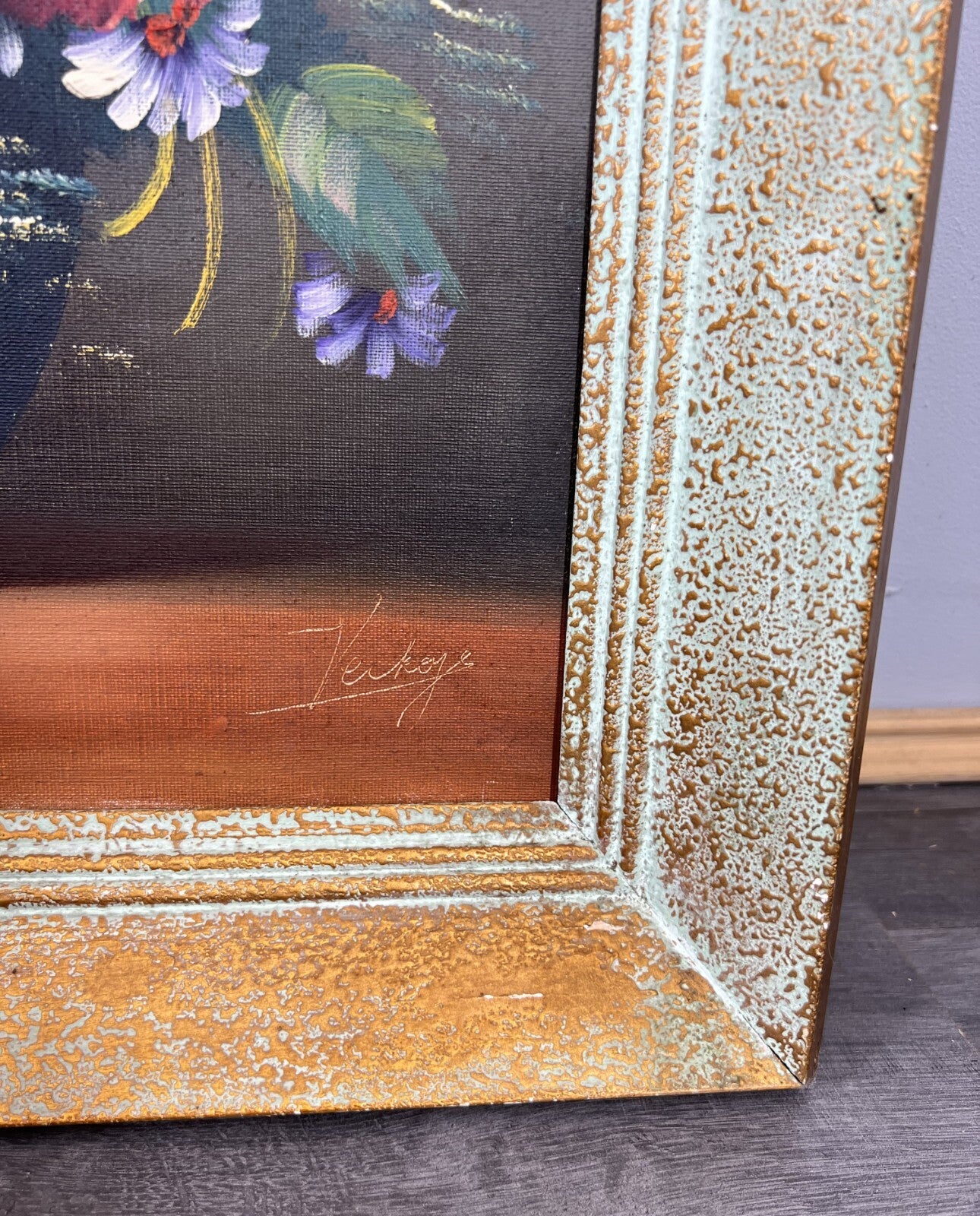 Painting Vintage French Floral Vase Red Purple Flower Signed Framed LOT 38786
