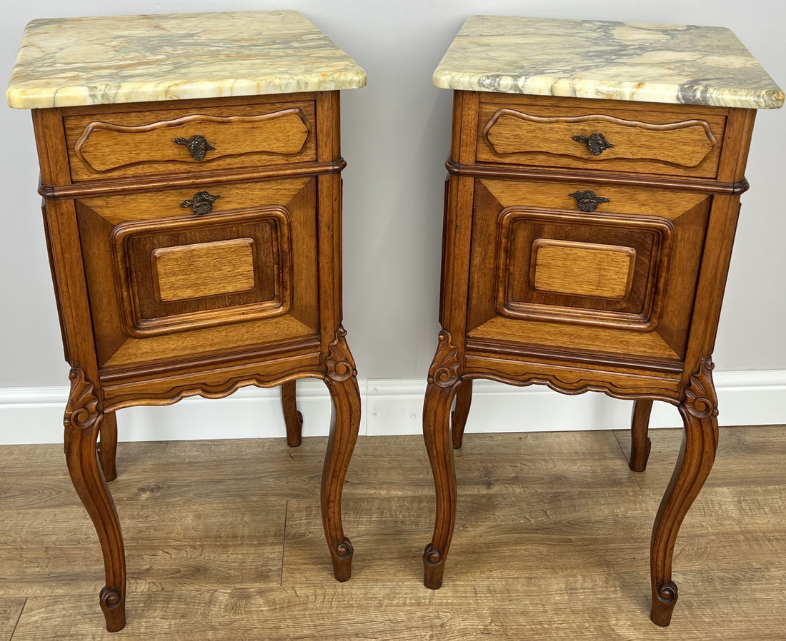 Pair of  Bedside Tables Antique French Louis Walnut Marble Top Cabinets LOT 48940