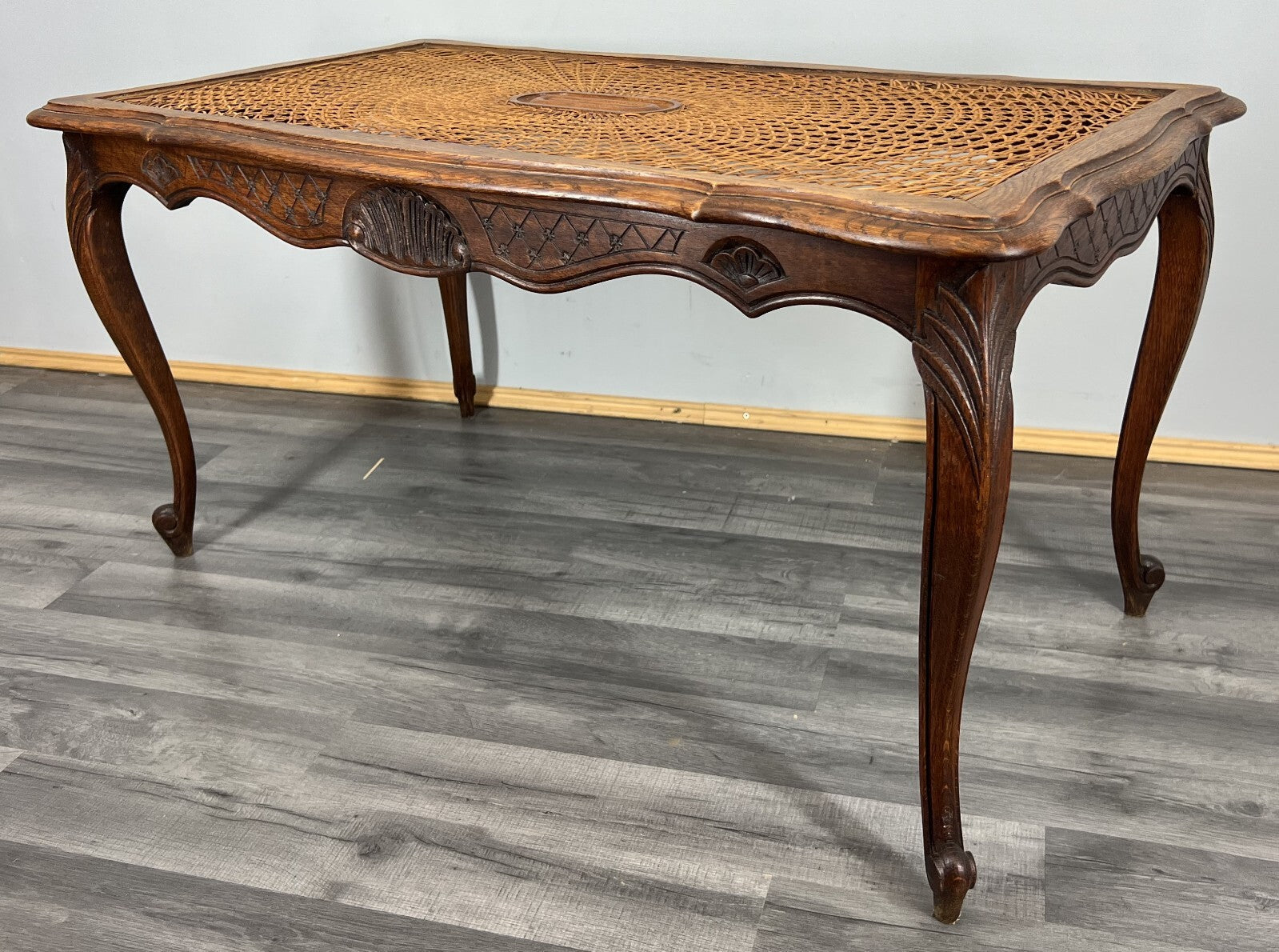 Coffee Table Vintage French Louis XV Cane Top Oak Carved Table LOT 38616