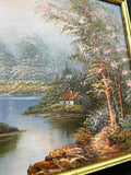 Painting Vintage French Style Signed Landscape Lake Cottage Framed LOT 6469