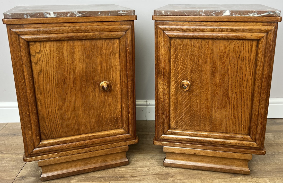 Pair of Bedside Tables Antique French Style Oak Marble Top Cabinets LOT 62180
