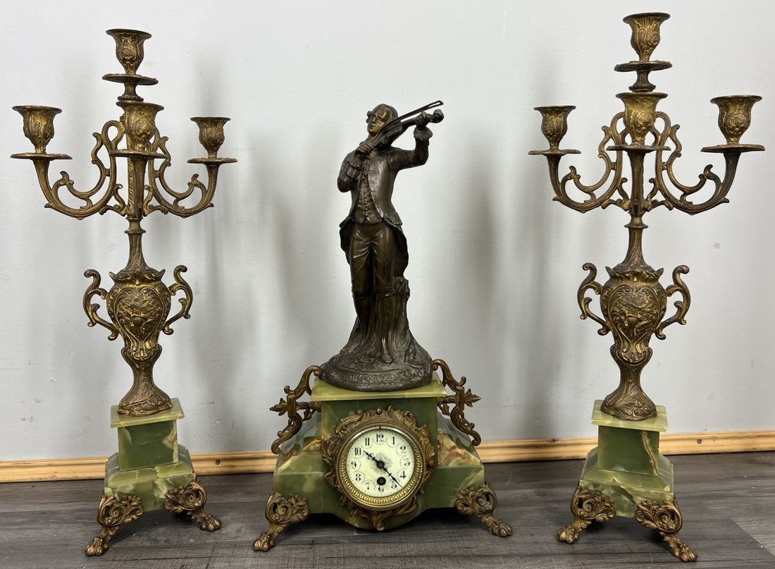 Clock Set Vintage French Onyx Brass Mantel Clock with 4-Arm Candelabras LOT 44130
