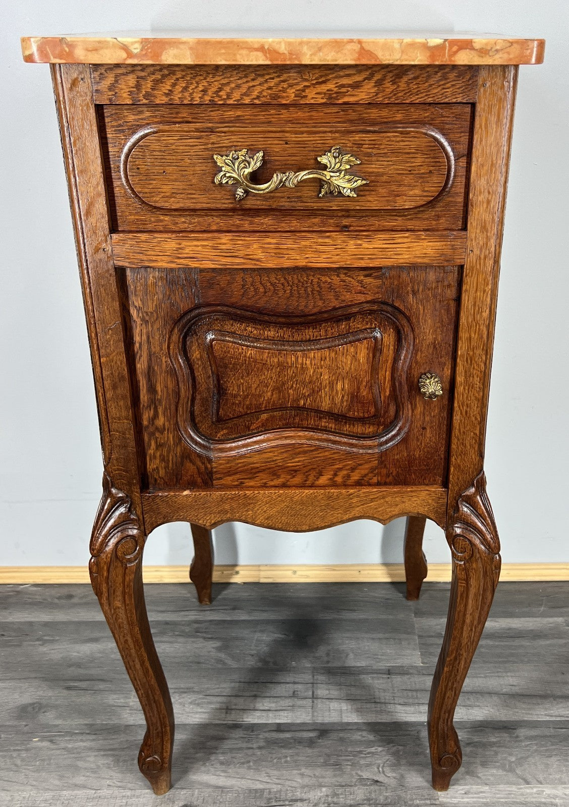 Pair of Bedside Tables Antique French Oak Marble Tops Carved Cabinets LOT 44394