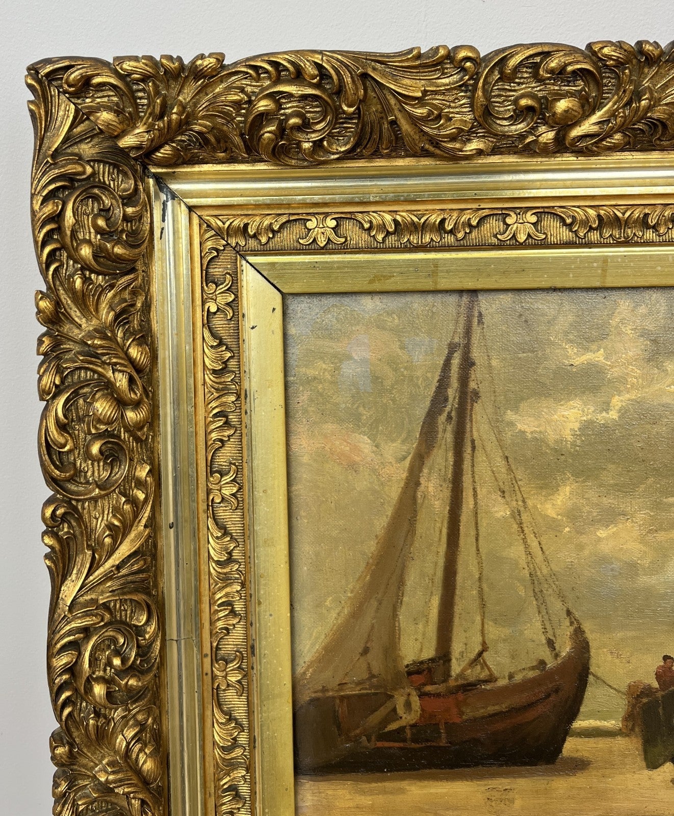 Oil Painting Vintage French Signed Coastal Boats Scene Framed Artwork LOT 49414