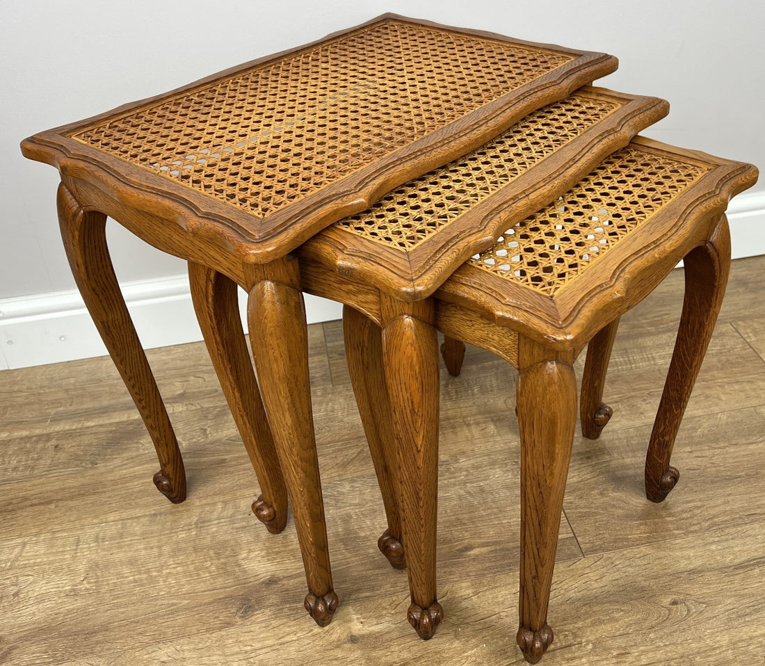 Vintage French Louis Oak Cane Set of Three Nested Carved Tables LOT 49090