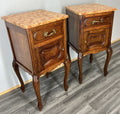Pair of Bedside Tables Antique French Oak Marble Tops Carved Cabinets LOT 44392