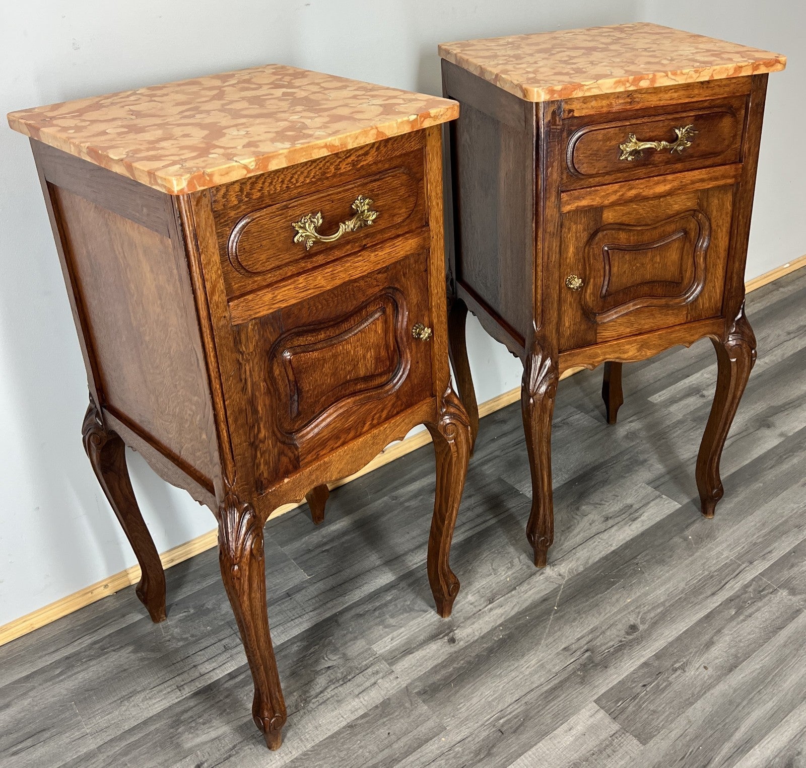 Pair of Bedside Tables Antique French Oak Marble Tops Carved Cabinets LOT 44392