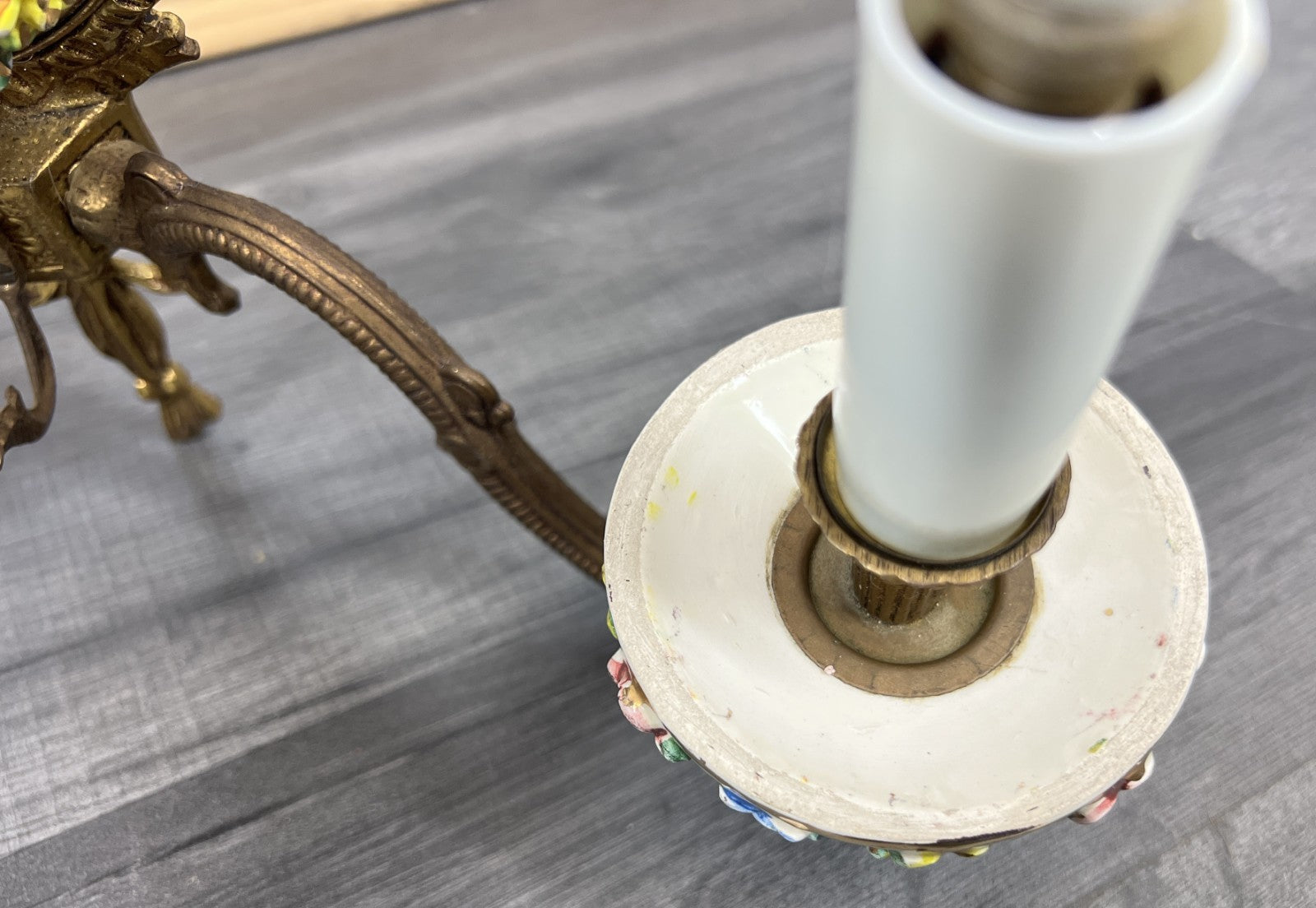 Pair of Wall Lights Vintage Spanish Porcelain Brass Floral Sconces LOT 441513