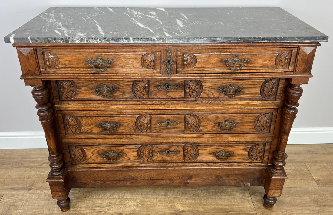 Chest of Drawers Antique French Style Marble Top Walnut Cabinet LOT 60770