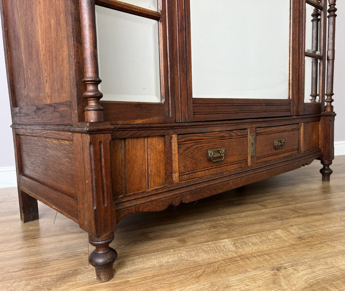 Wardrobe Antique French Style Oak Mirrored Two Drawers Carved Armoire LOT 6541