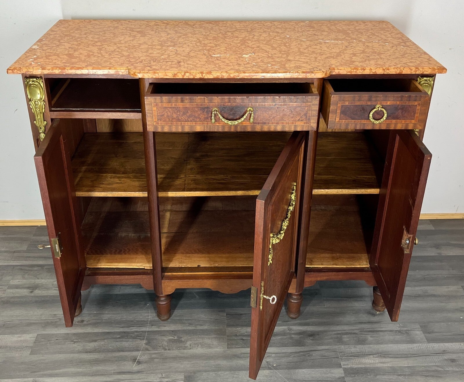 Sideboard Antique French Marble Top Inlaid Brass Detail Carved Cabinet LOT 23822