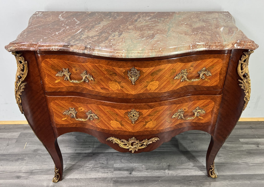 Chest of Drawers Vintage French Style Marble Top Walnut Cabinet LOT 47810
