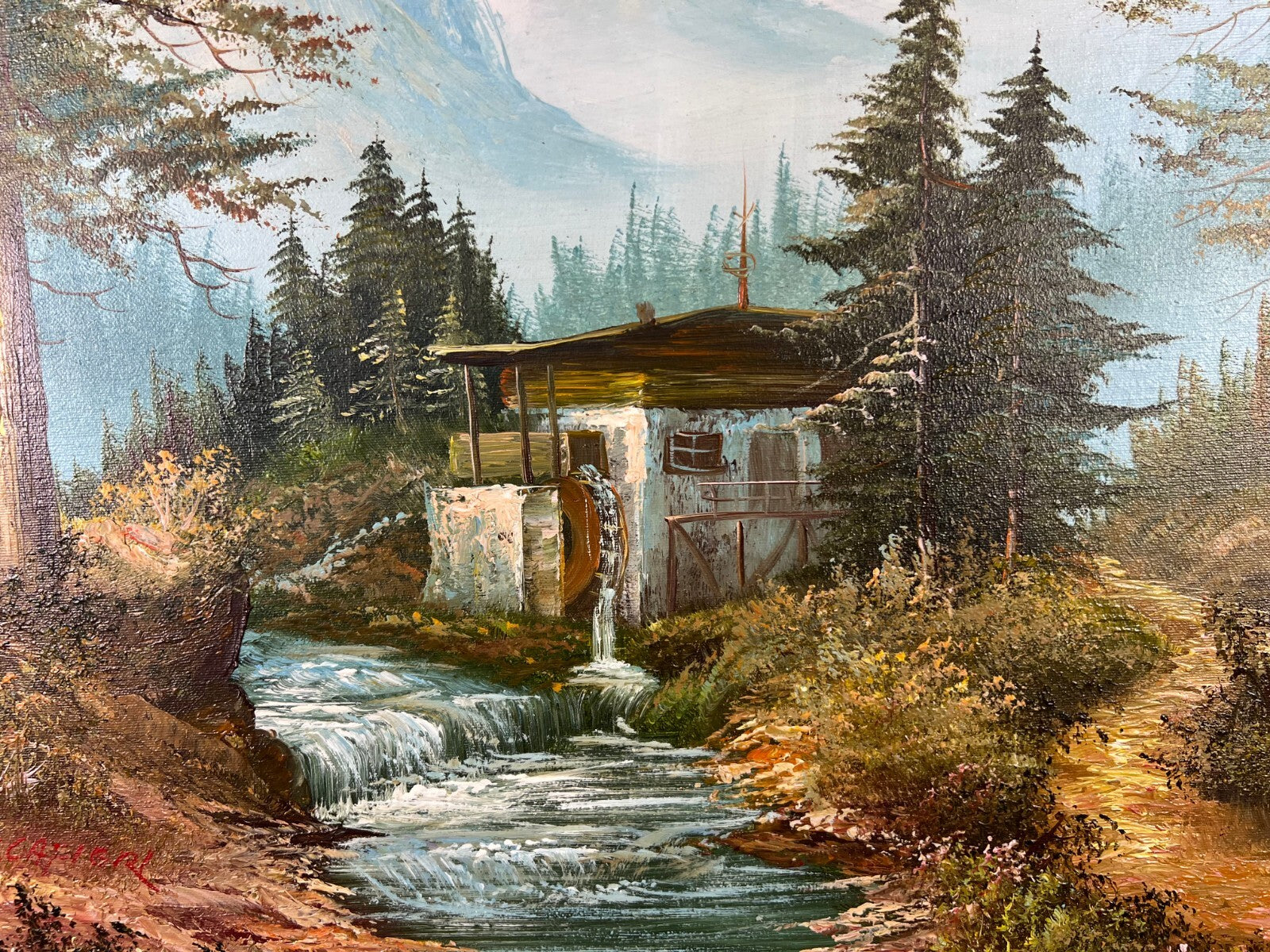 Painting Vintage Oil Painting Framed Lake Mountains Scene 73cm x 83cm LOT 50527