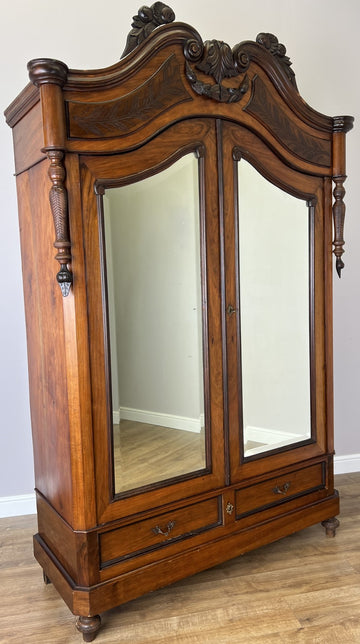 Wardrobe Antique French Style Two Door Walnut Mirrored Carved Armoire LOT 61610
