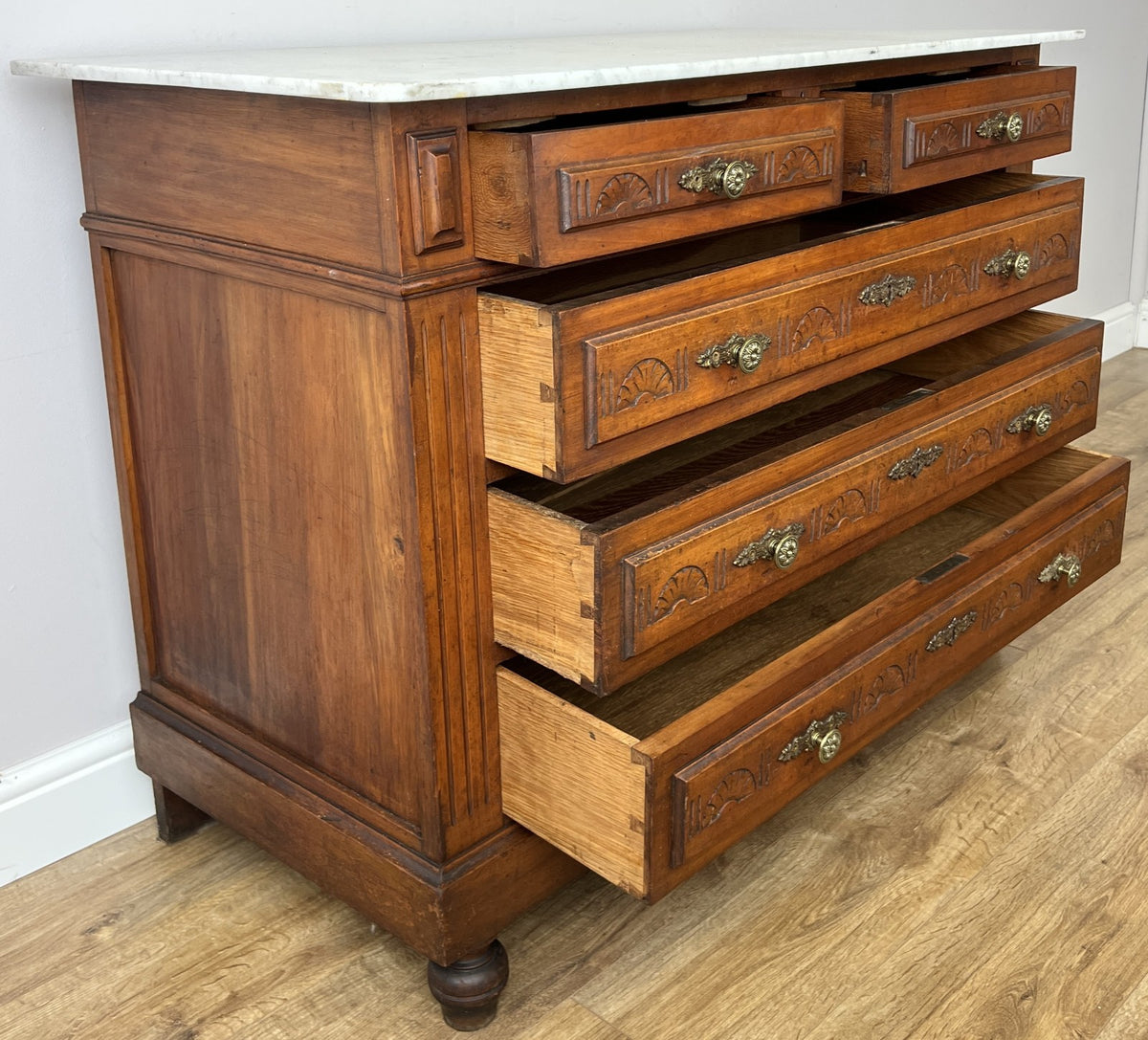 Chest of Drawers Antique French Walnut Marble Top Five Drawer Cabinet LOT 644917