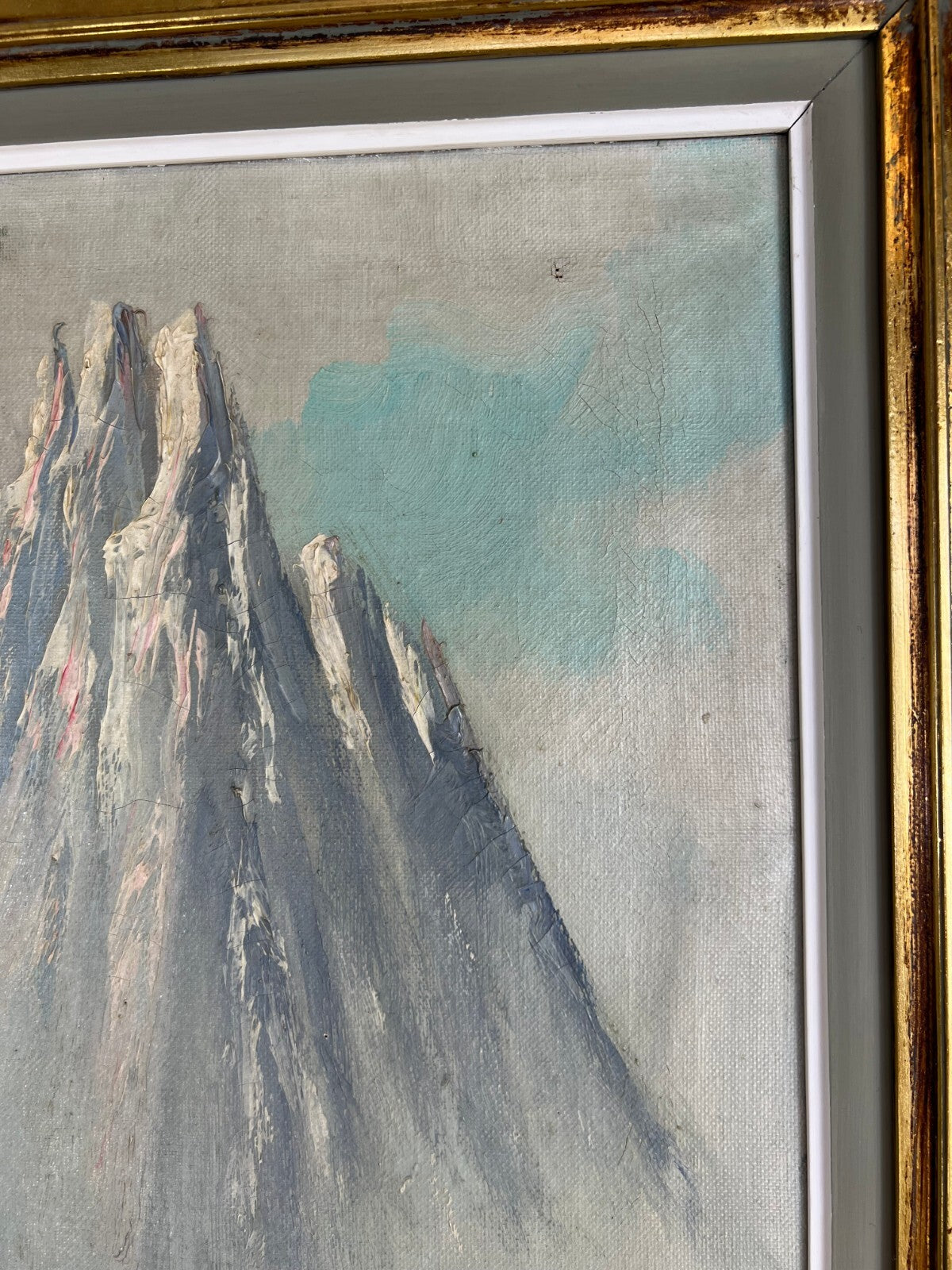 Painting Vintage Oil Landscape Mountain Deer Signed Framed Carved LOT 51134