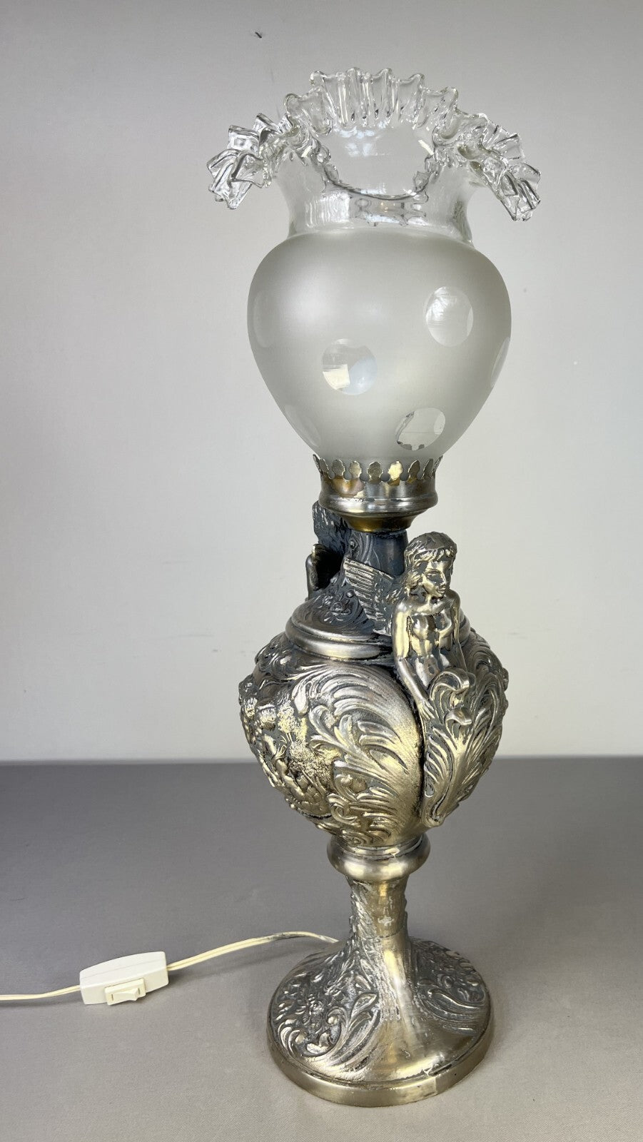 Lamp Antique Style Pewter Angel Table Lamp Pleated Glass Shade LOT 51691