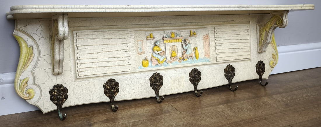 Vintage Shabby Chic Coat Rack 6 Hooks Wall Shelf Carved Coat Hanger LOT 49960