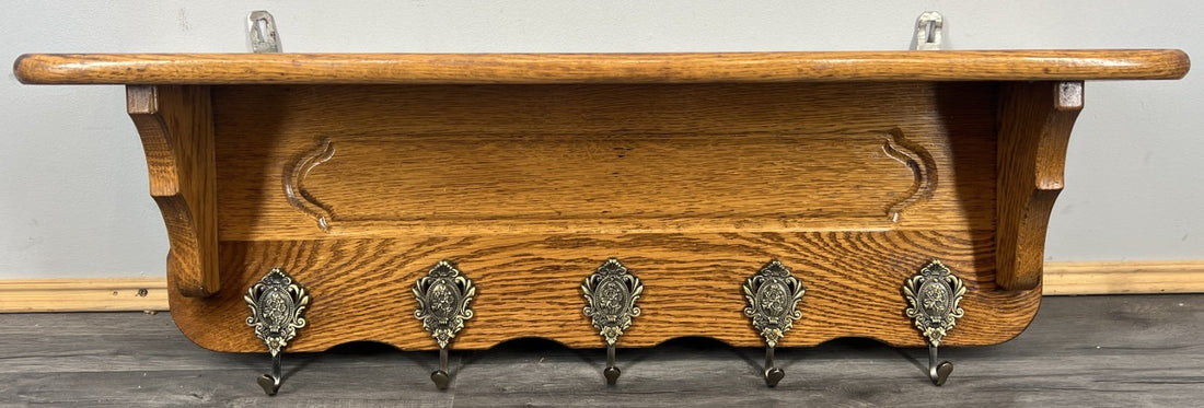 French Vintage Coat Rack Oak 5 Hooks Wall Shelf Carved Coat Hanger LOT 44940