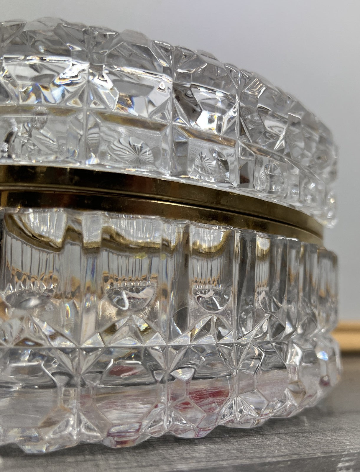 Vintage French Crystal Box Cut Glass with Brass Trim Oval Trinket Dish LOT 44126