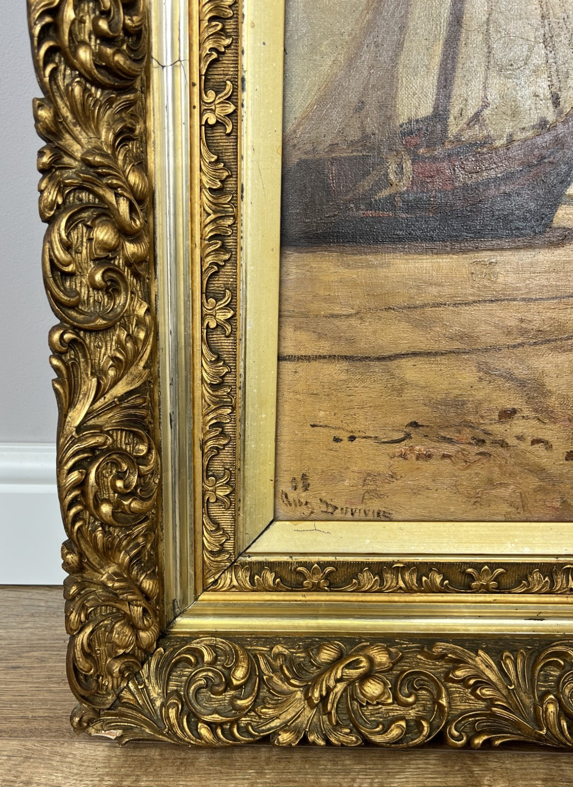 Oil Painting Vintage French Signed Coastal Boats Scene Framed Artwork LOT 494111