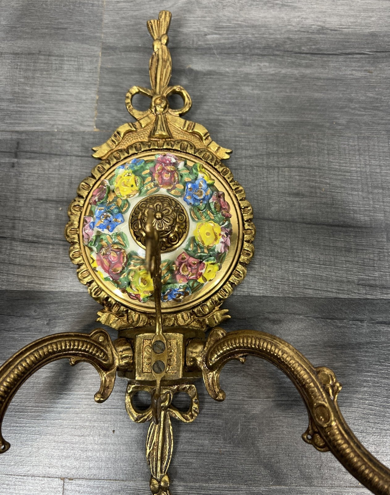 Pair of Wall Lights Vintage Spanish Porcelain Brass Floral Sconces LOT 44144