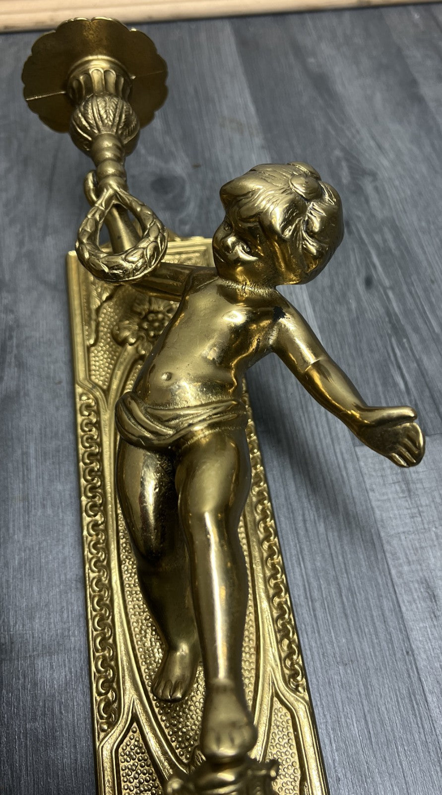 Wall Candle Holder Vintage French Style Sconce Pair Brass Cherub LOT 46655