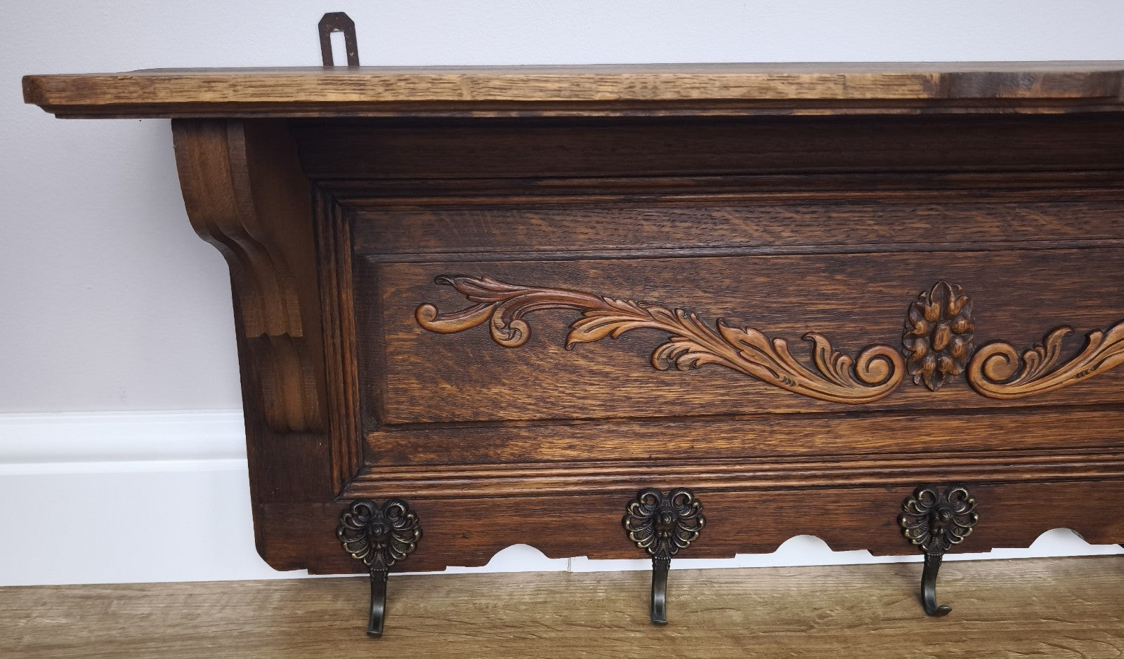 French Vintage Coat Rack Oak 5 Hooks Wall Shelf Carved Coat Hanger LOT 49992