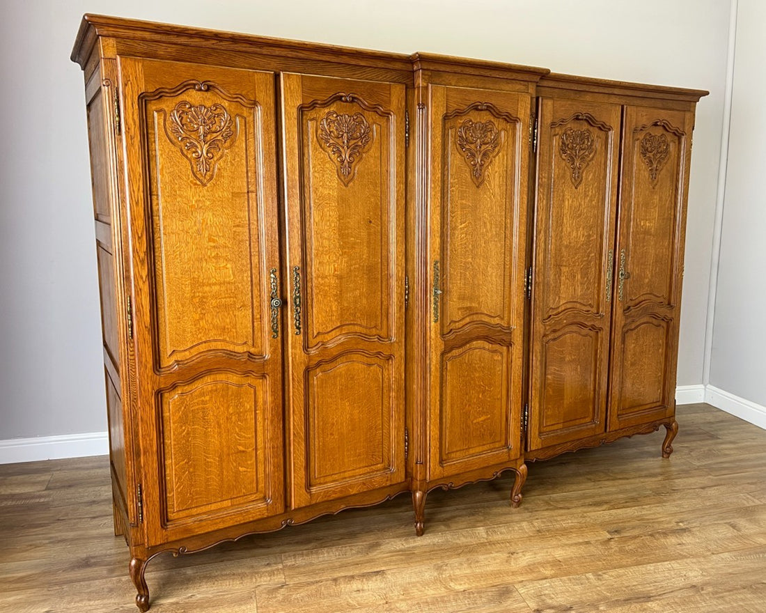 Wardrobe Vintage French Louis XVI Style Five Door Oak Carved Armoire LOT 49860