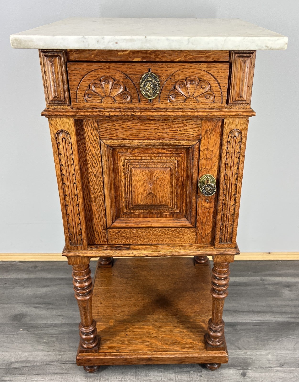 Bedside Table Antique French Oak with Marble Top Carved Cabinet LOT 43352