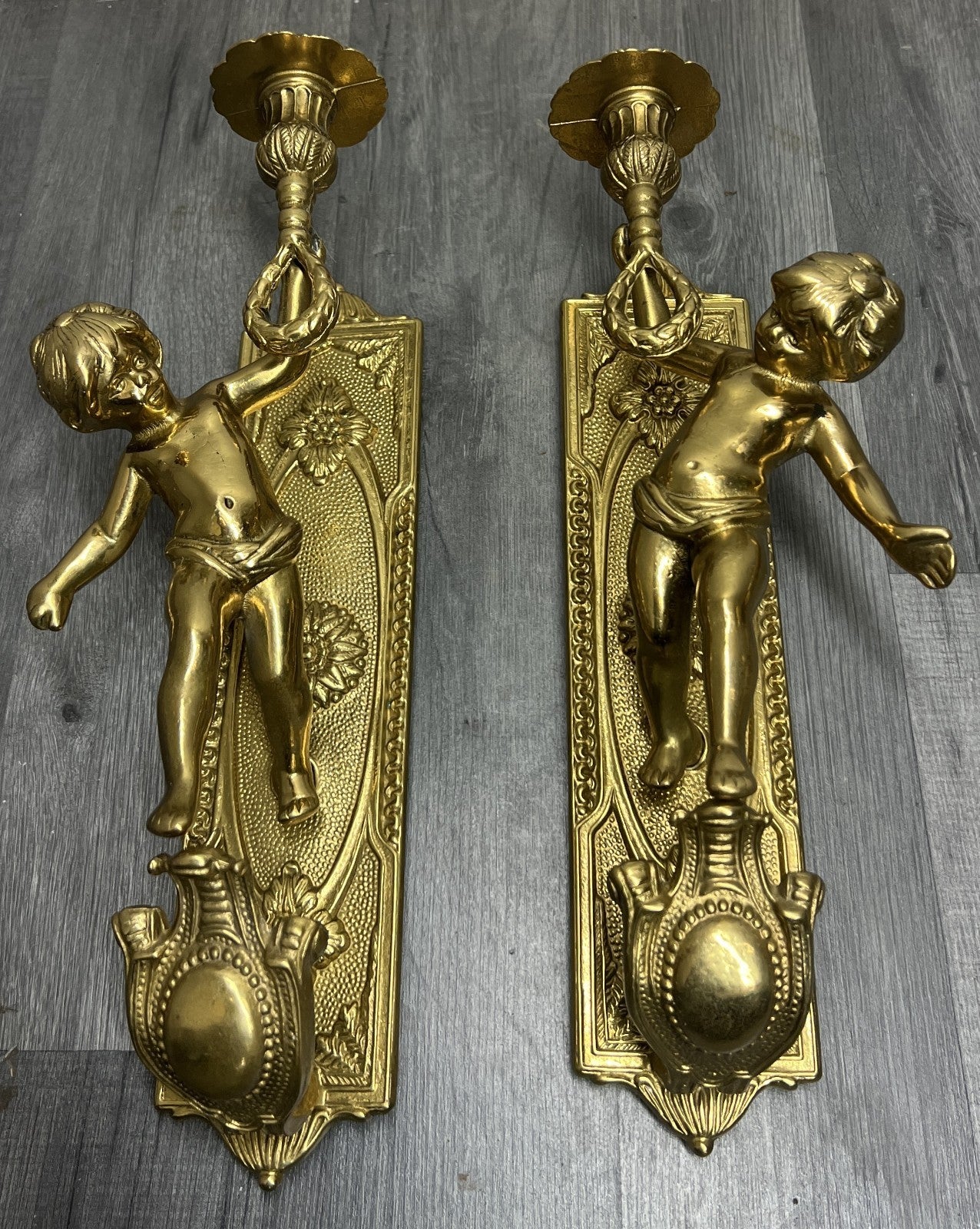Wall Candle Holder Vintage French Style Sconce Pair Brass Cherub LOT 46652