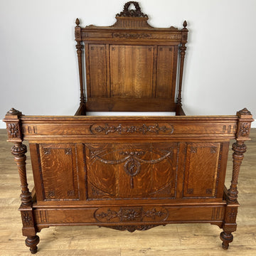 Bed Antique French Style Oak Double Bed Frame Carved Headboard LOT 61510