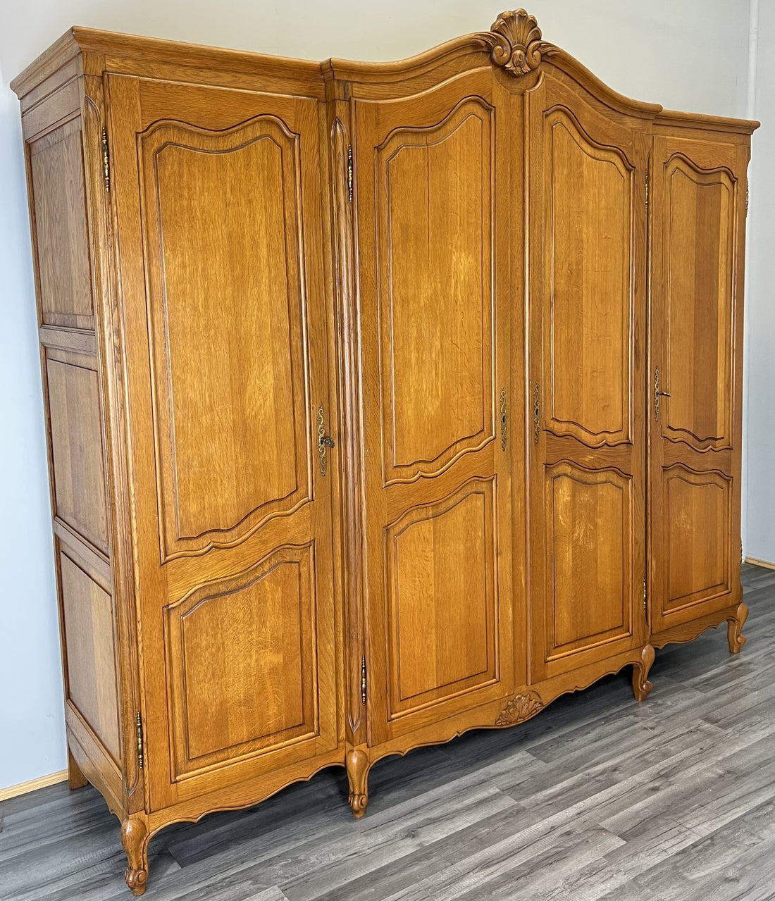 Wardrobe Vintage French Louis XVI Style Oak Four Door Armoire LOT 48200