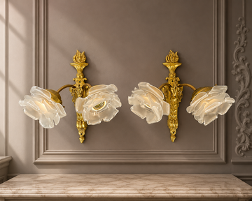 Pair of Wall Lights Vintage French Ornate Double Arm Glass Sconces LOT 6477