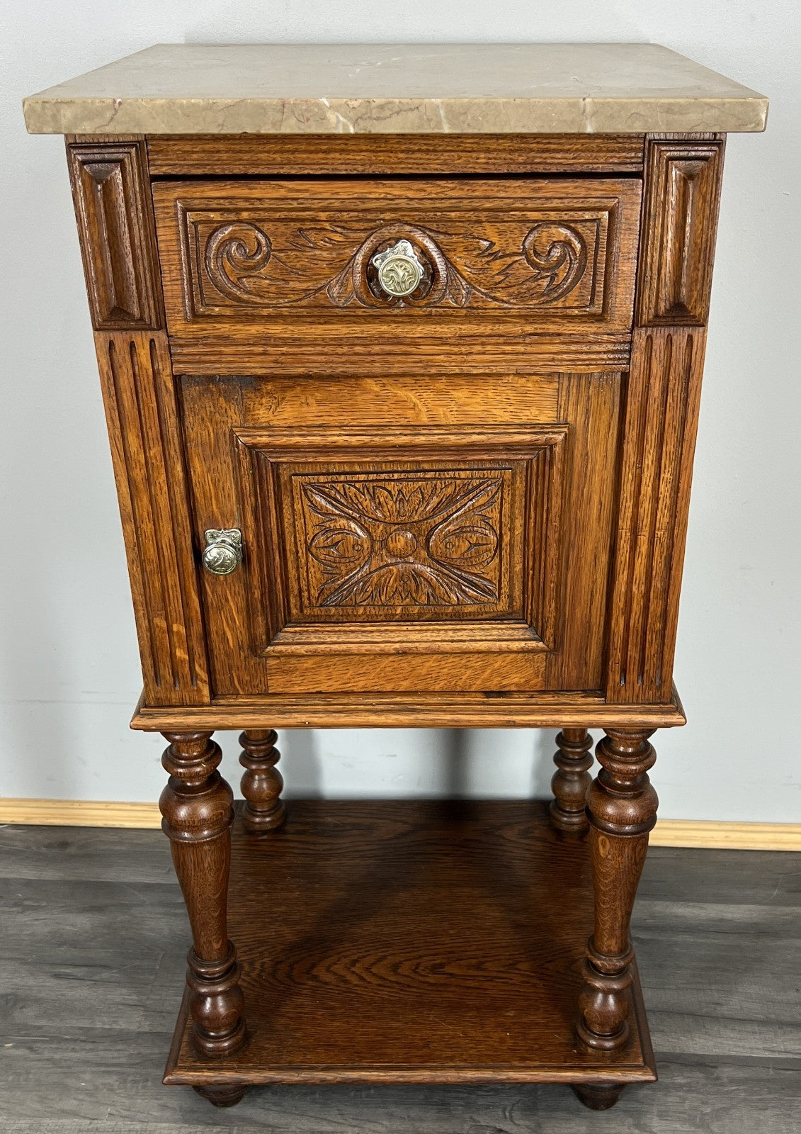 Bedside Table Antique French Oak with Marble Top Carved Cabinet LOT 43332