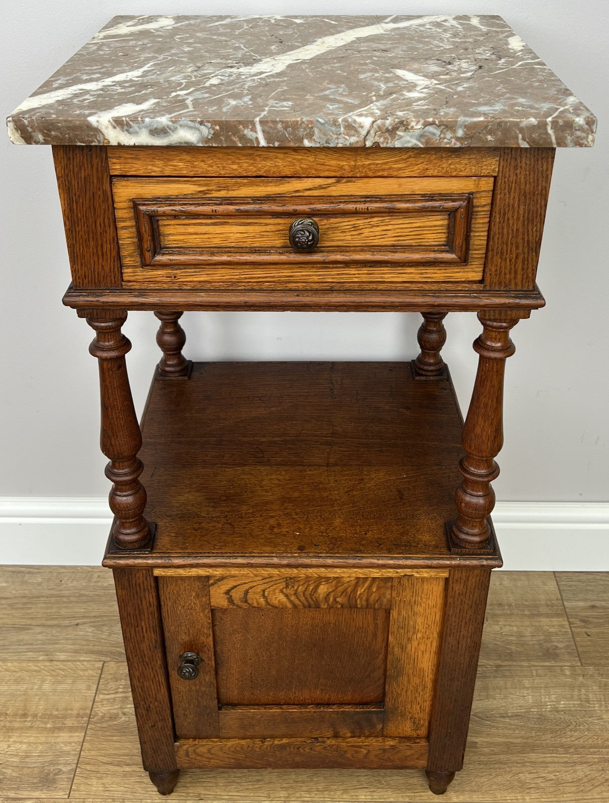 Bedside Table Antique French Style Marble Top Oak Cabinet Nightstand LOT 62430