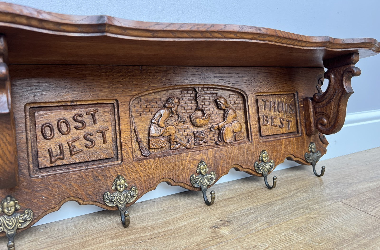 Coat Rack Vintage French Oak Wall Mounted 5 Hooks Carved Rack Hanger LOT 63032