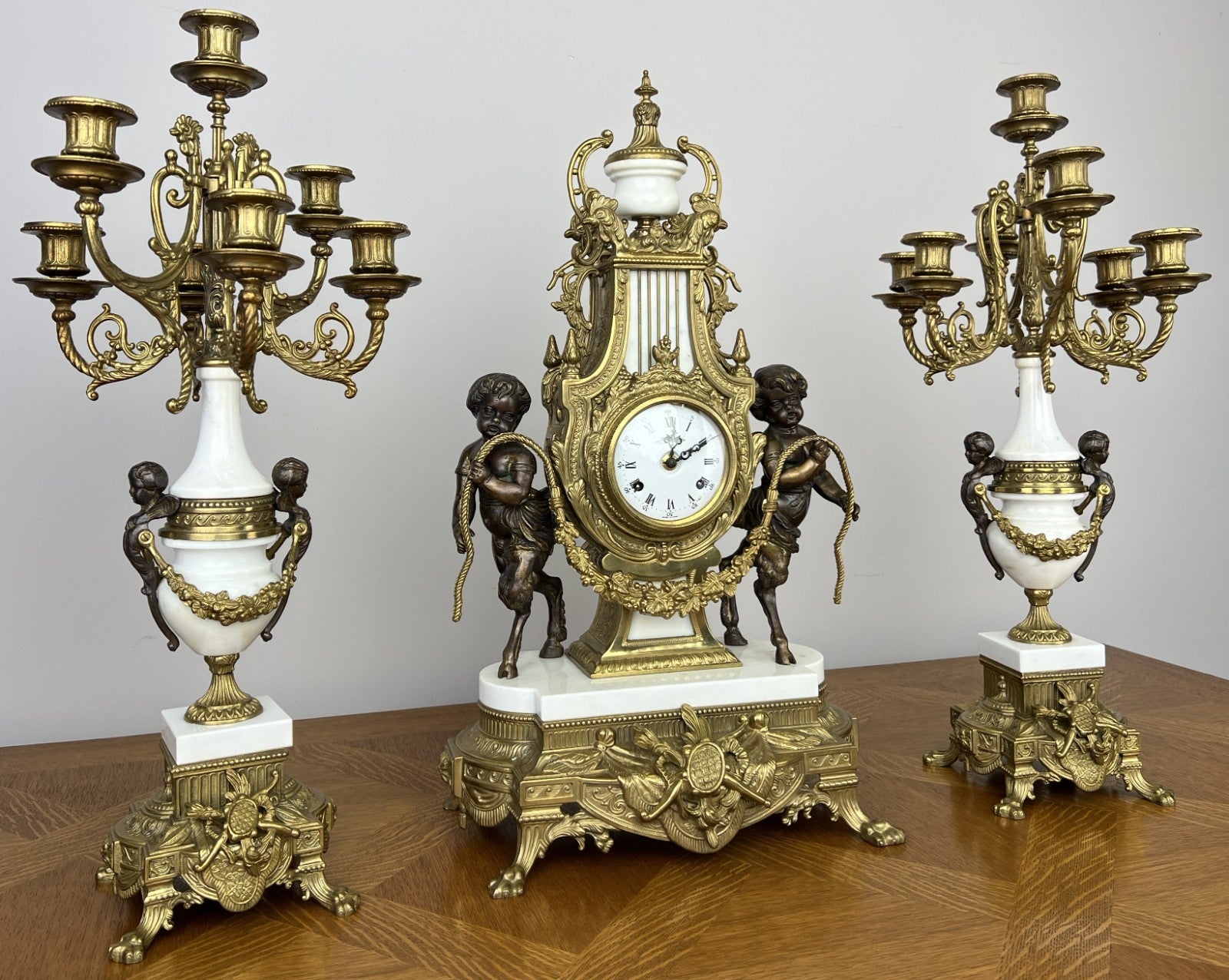 Clock Antique Louis XV Brass Marble Garniture Set With Candelabras LOT 60261
