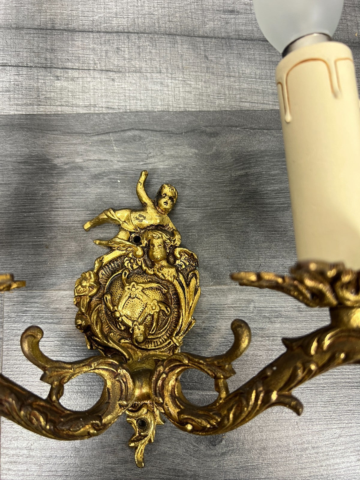 Vintage French Wall Light Brass Cherub Double Arm Rococo Sconce LOT 44113