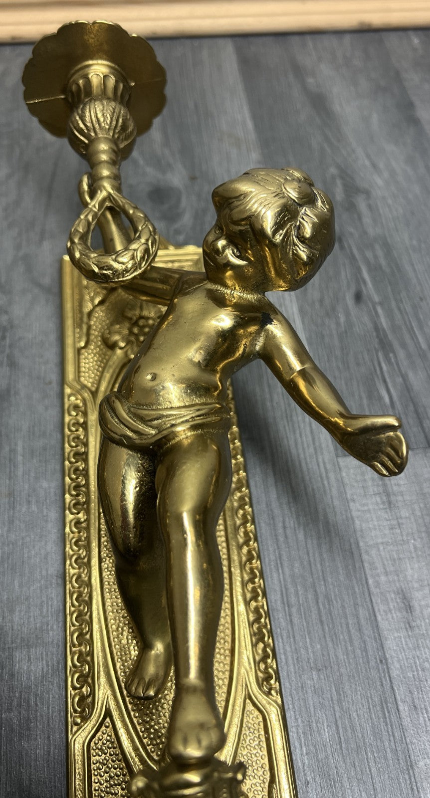 Wall Candle Holder Vintage French Style Sconce Pair Brass Cherub LOT 46657