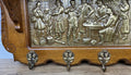 French Vintage Coat Rack Oak 7 Hooks Wall Shelf Brass Panel Coat Hanger LOT 49597