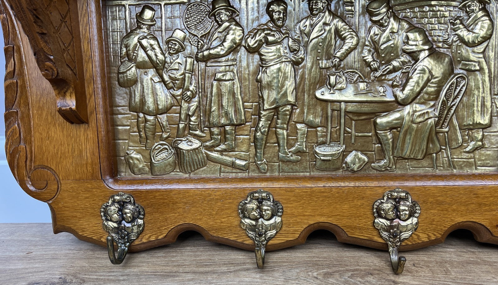 French Vintage Coat Rack Oak 7 Hooks Wall Shelf Brass Panel Coat Hanger LOT 49597