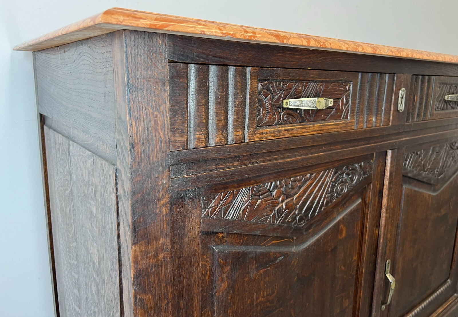 Sideboard Antique French Oak Marble Top Carved Two Door Cabinet LOT 22274