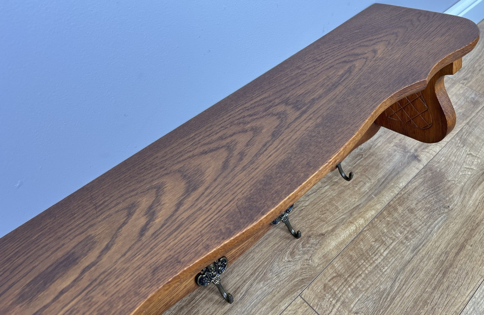Coat Rack Vintage French Oak Wall Mounted 4 Hooks Carved Rack Hanger LOT 629310
